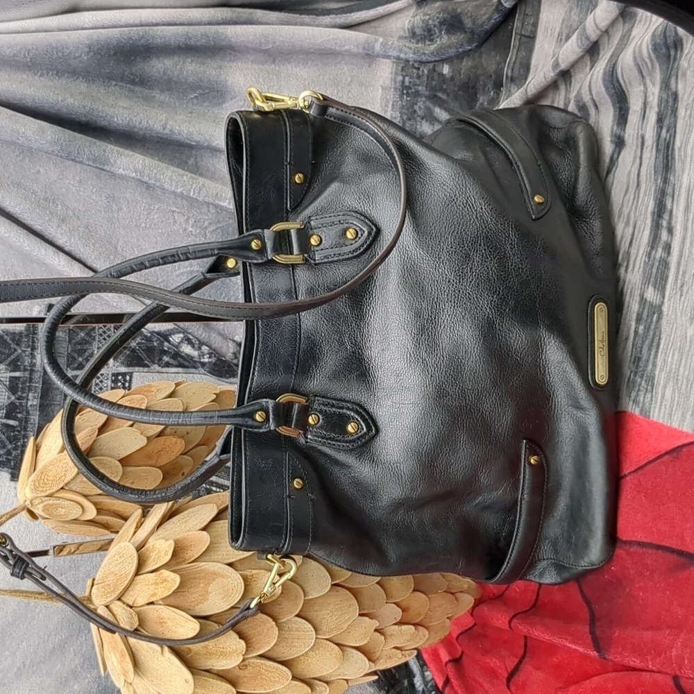 COLE HAAN Black Leather Tote Handbag with Gold Hardware